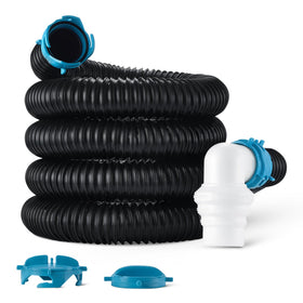 Amazon Basics front view of full sewer hose kit showing components and benefits
