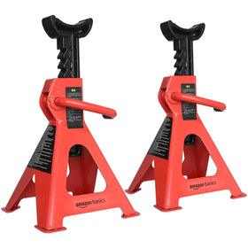 Amazon Basics jack stands front view showing pair and compact footprint for stable support