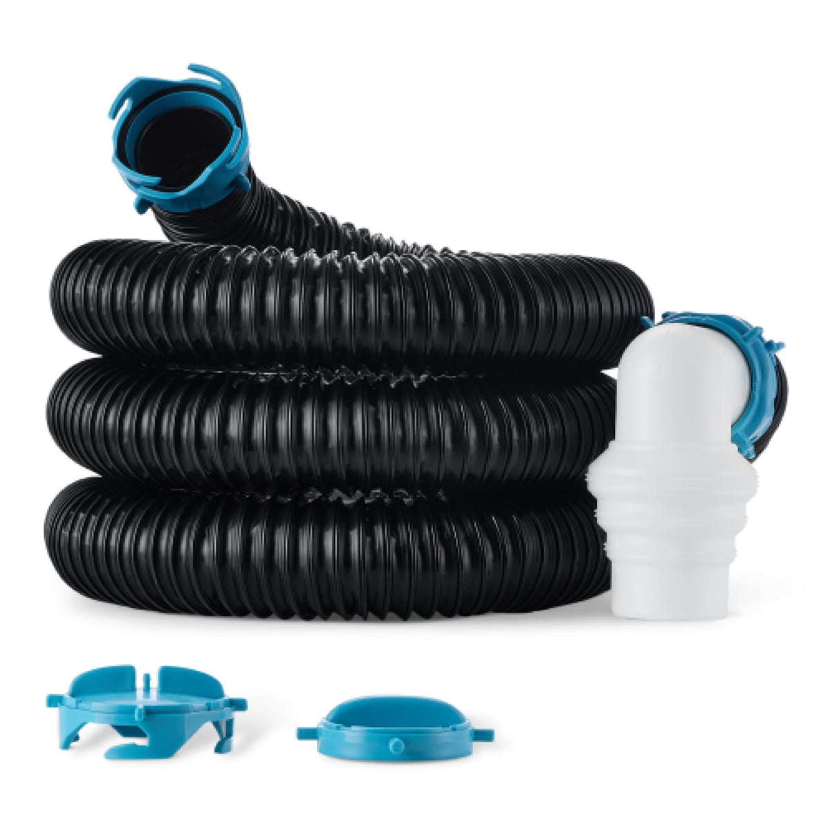 Amazon Basics front view of 15 ft sewer hose showing compact design and durable finish
