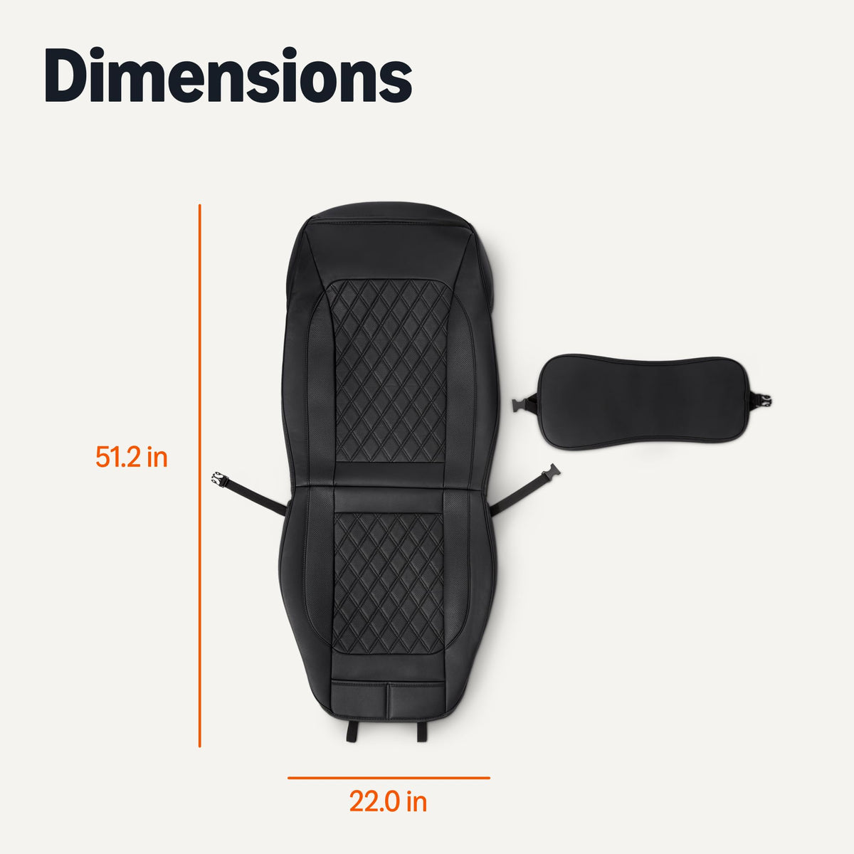 Amazon Basics seat cover beside measuring tape showing universal fit and size guidance