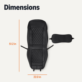Amazon Basics seat cover beside measuring tape showing universal fit and size guidance