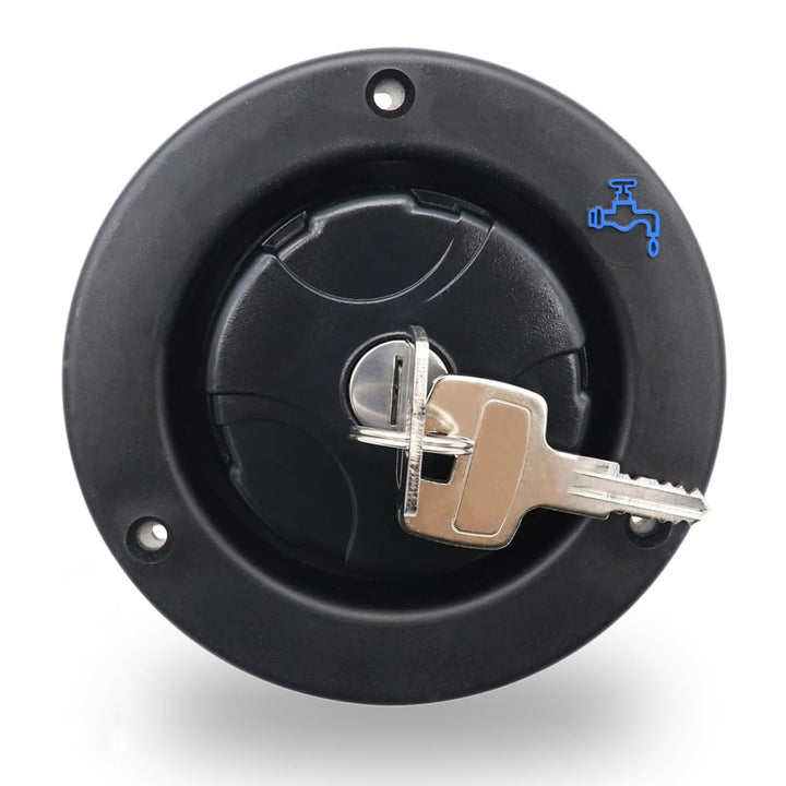 Ambuker front view of black RV fill hatch showing secure design benefit