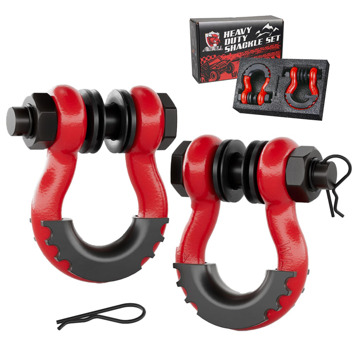AMBULL front view of 3/4" D ring shackle two-pack showing color and hardware benefits