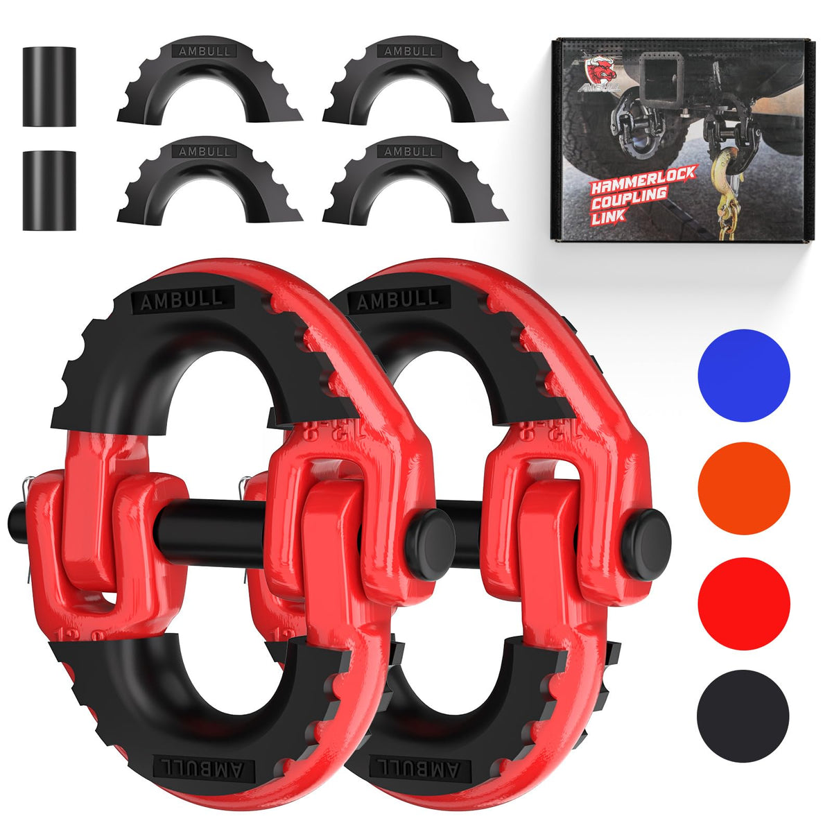 AMBULL front packaging showing two red hammerlock coupling links and contents, durable protection