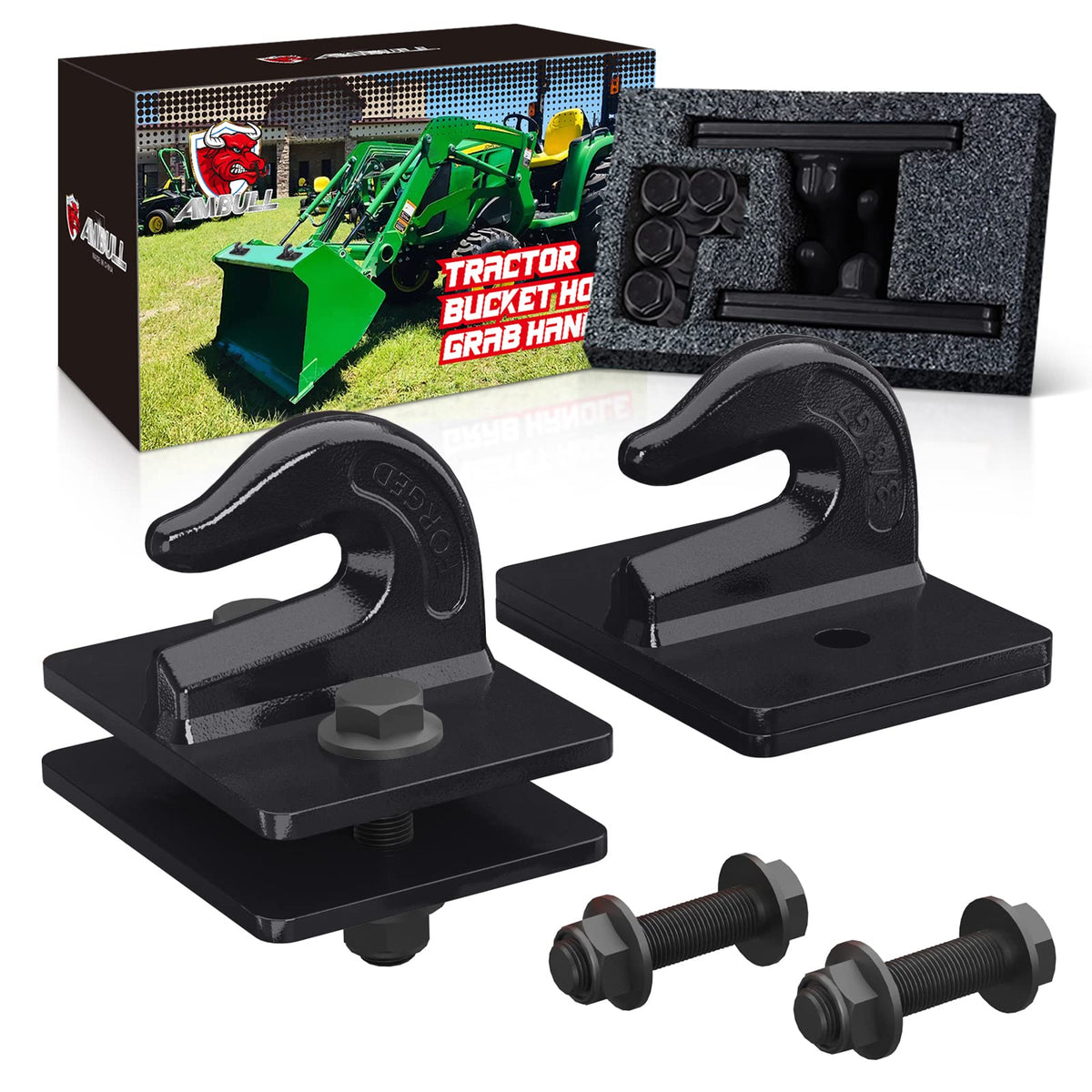 AMBULL front view of two bolt-on grab hooks showing durable finish and compact profile for secure anchoring