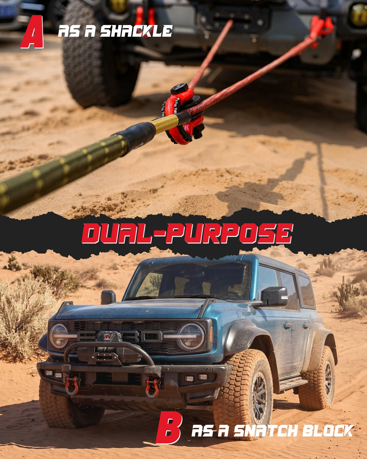 AMBULL in-use shot redirecting winch line and doubling pull for safer recovery