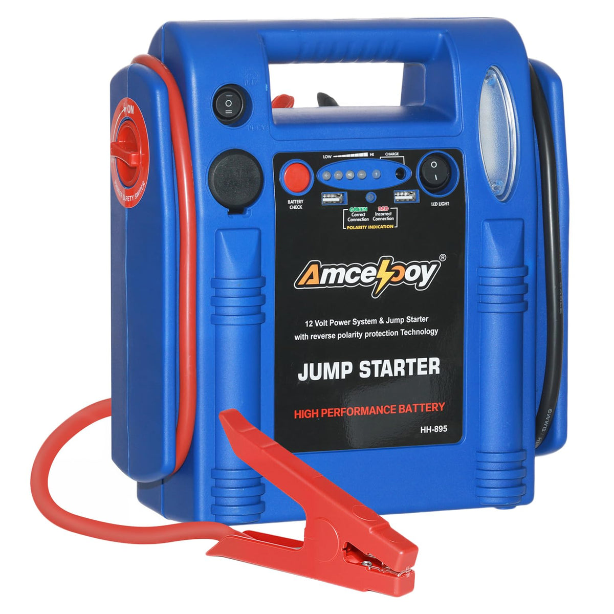Amcelooy front view of jump starter showing ports and handle for easy transport