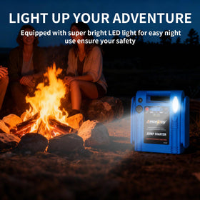 Amcelooy jump starter held in hand to show compact size and portable convenience