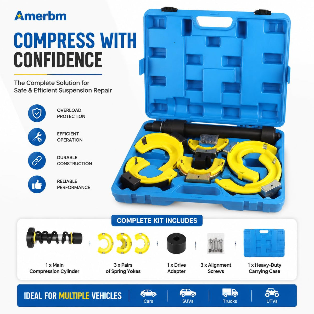 Amerbm garage setup showing the compressor ready for professional suspension work