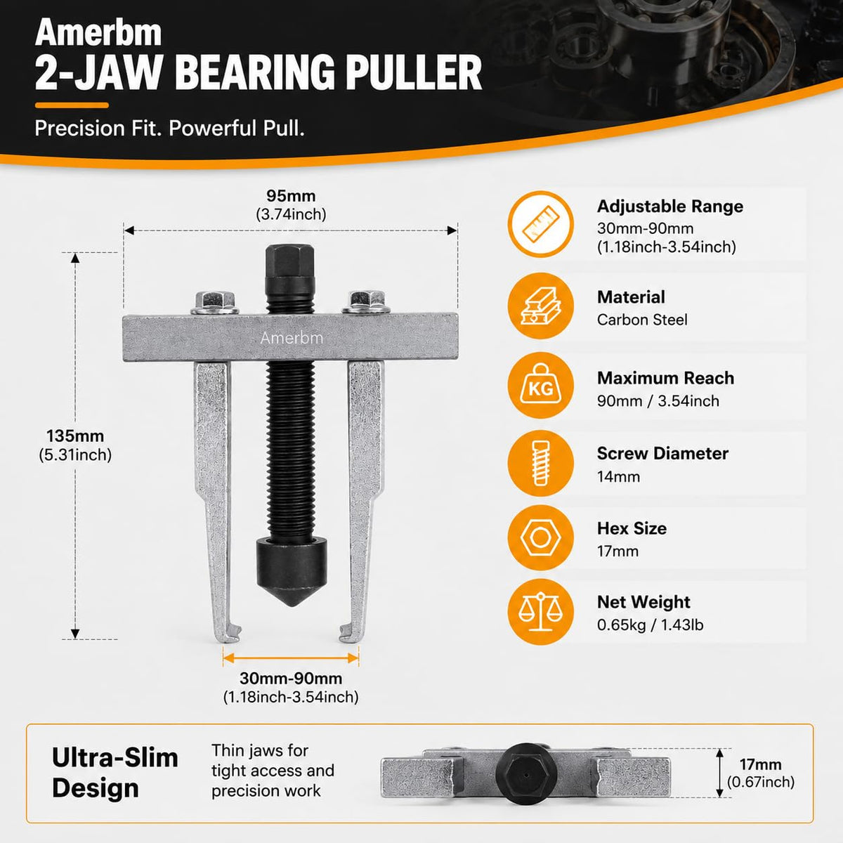 Amerbm puller beside ruler showing 30–90mm adjustable scale