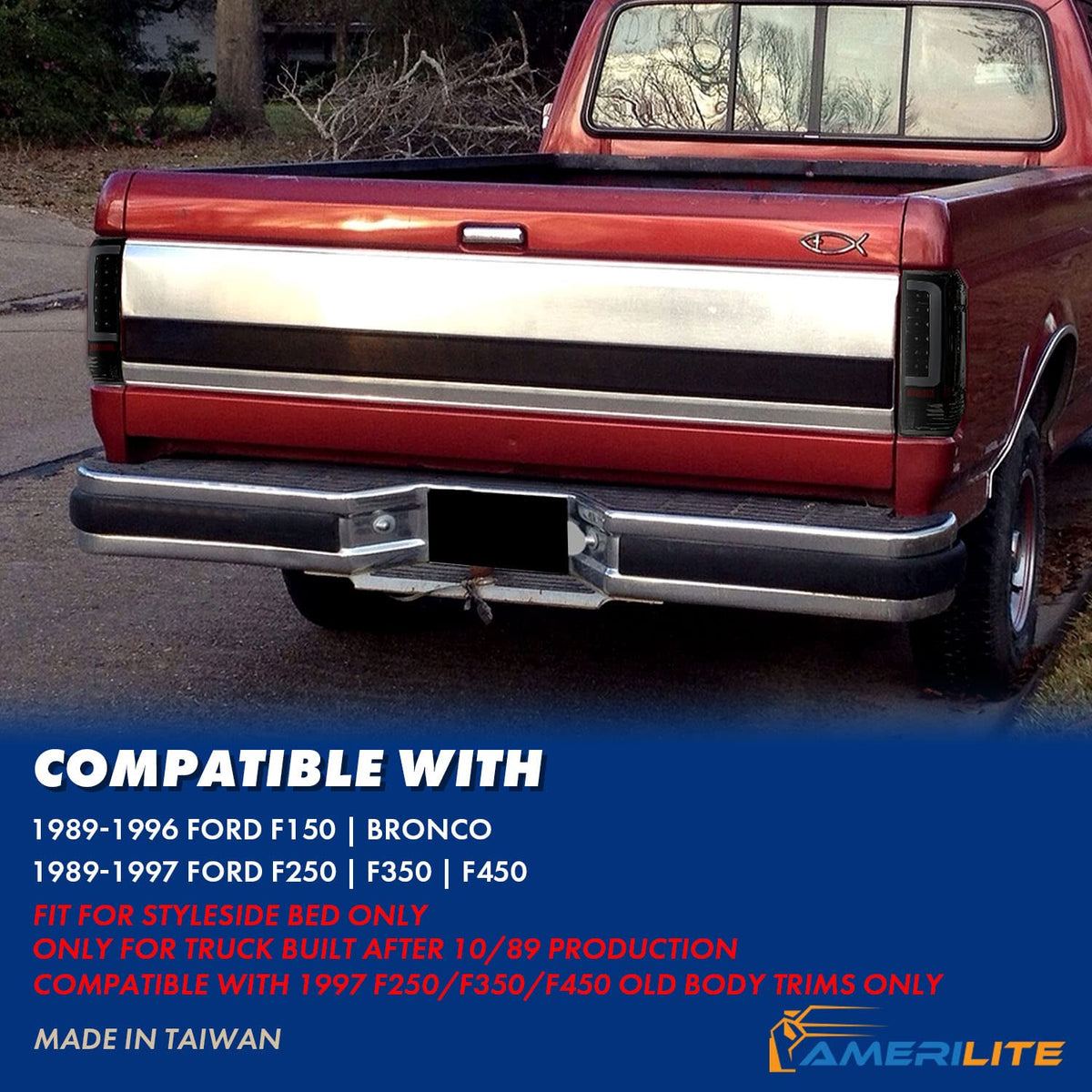 AmeriLite tail lights on truck in driveway showing upgraded appearance