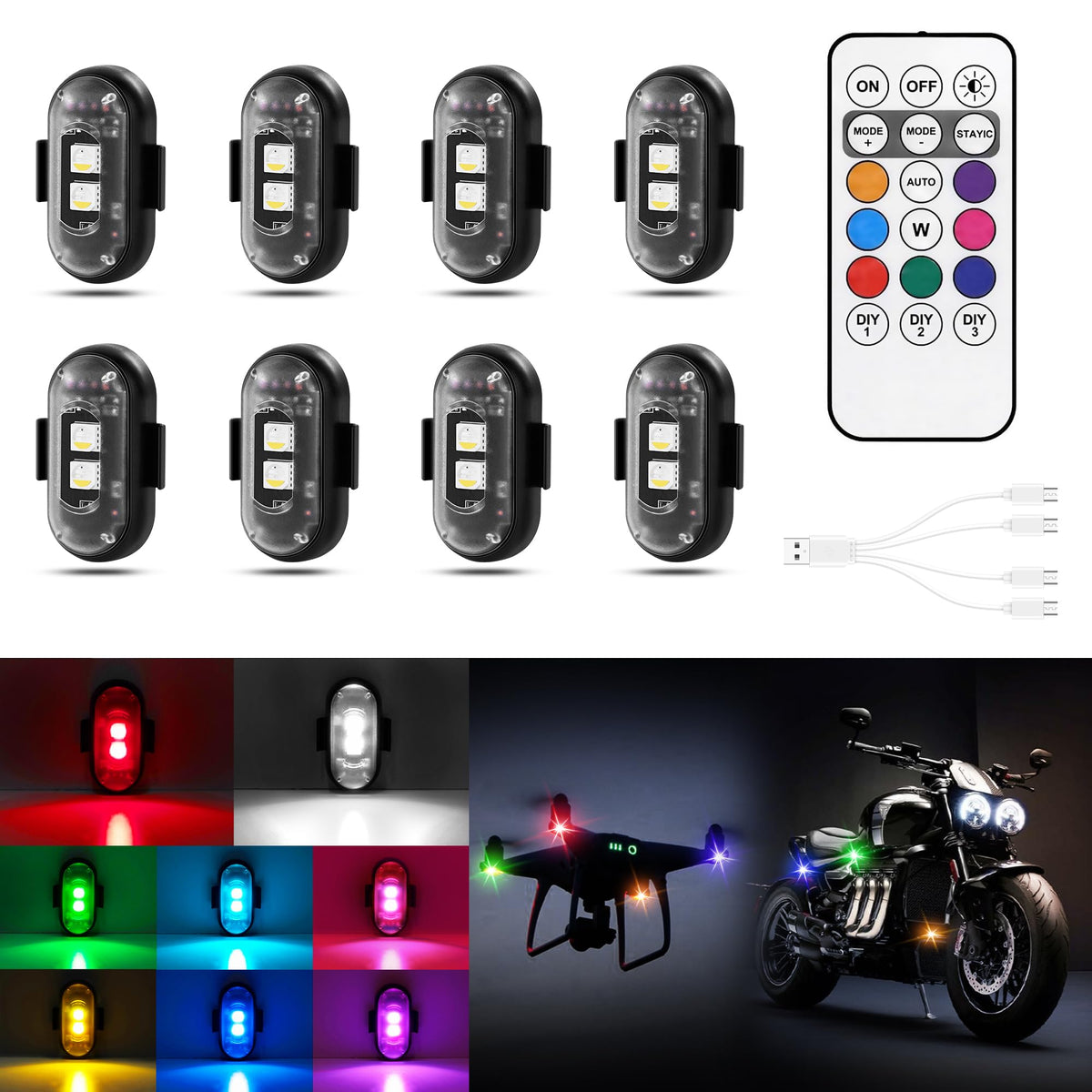 Amiline front packaging showing 8PCS kit and remote for quick setup
