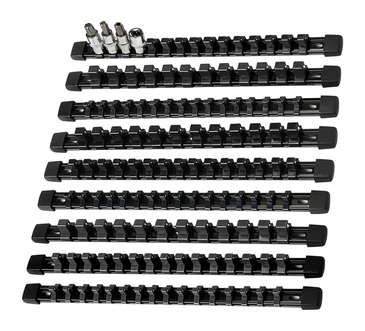 AMM 9-piece front view showing three drive-size rails and neat socket storage benefit
