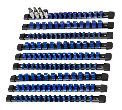 AMM front view of socket organizer set showing all nine blue rails and capacity benefits