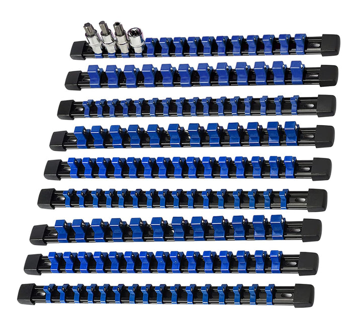 AMM front view of socket organizer set showing all nine blue rails and capacity benefits
