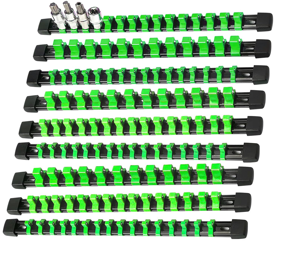 AMM front view of 9-piece socket organizer set showing all rails and clips, tidy storage