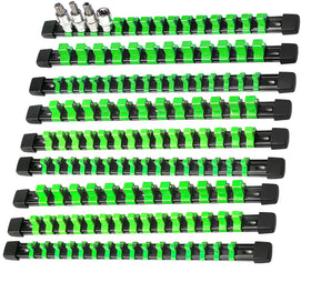 AMM front view of 9-piece socket organizer set showing all rails and clips, tidy storage