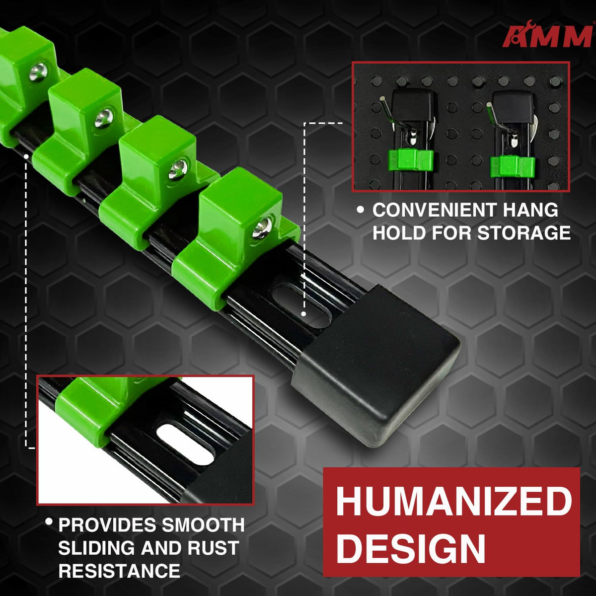 AMM rails mounted horizontally on workbench holding sockets, easy access benefit