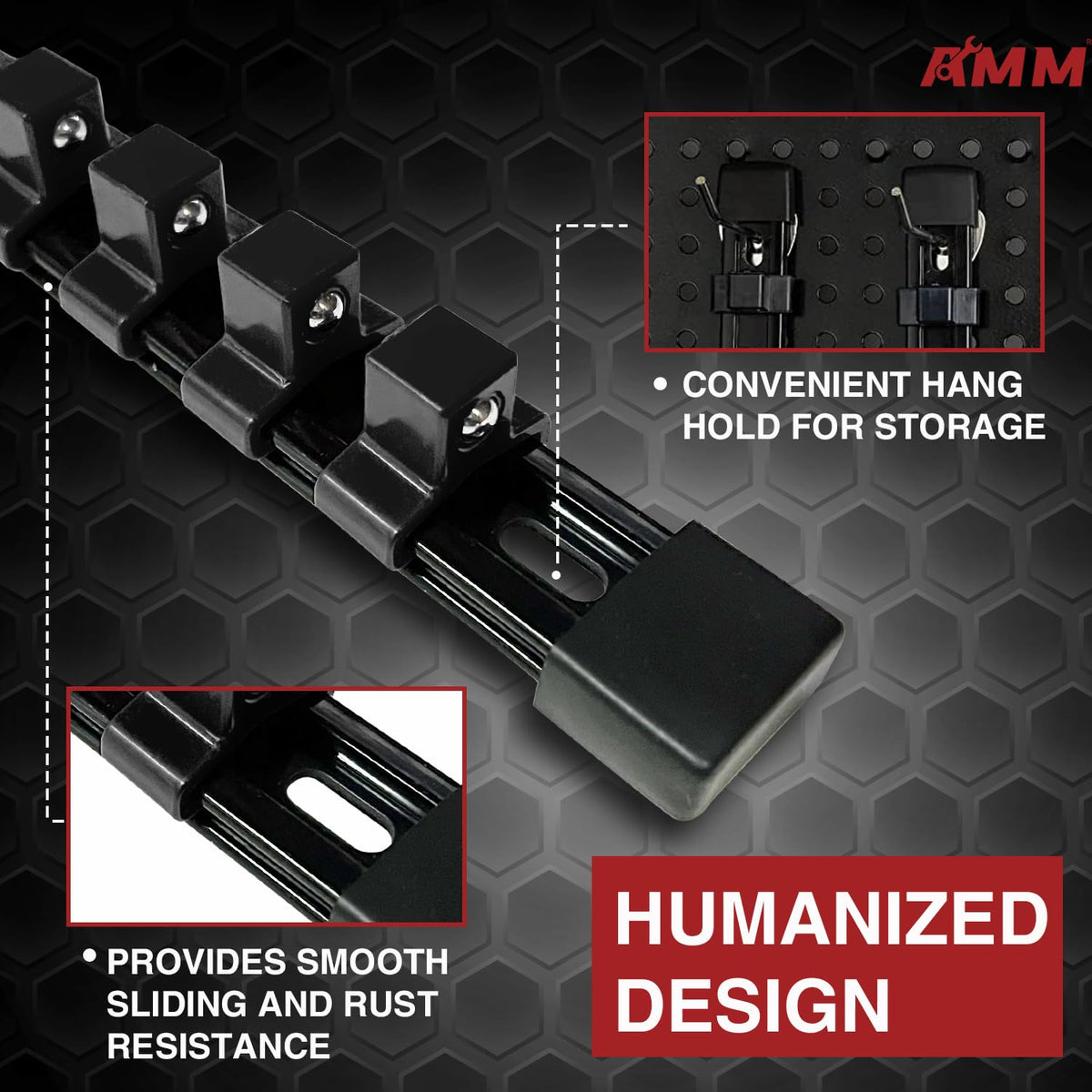 AMM rail placed in a toolbox drawer demonstrating compact storage and space-saving benefit