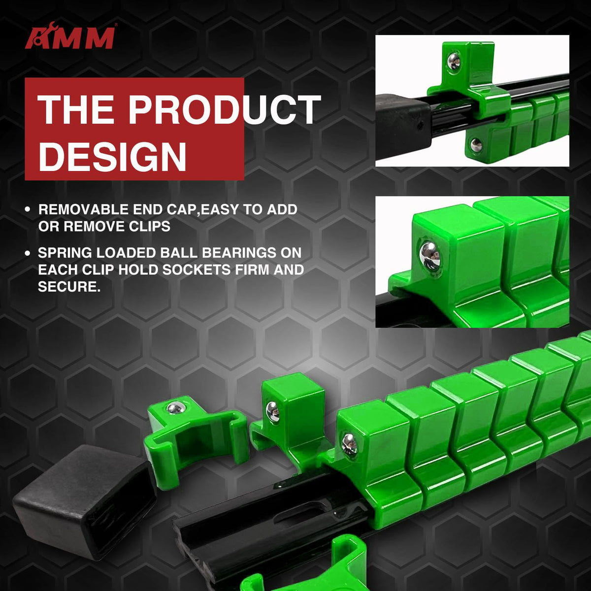 AMM socket inserted into rail close-up, secure hold speeds up socket selection