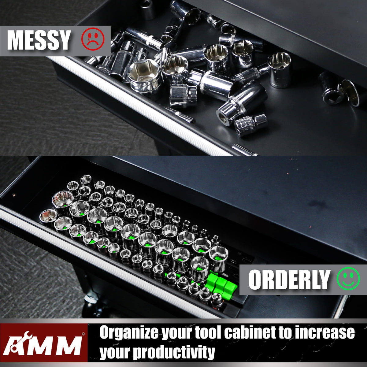 AMM rails mounted vertically on wall organizing sockets, saves bench space