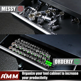 AMM rails mounted vertically on wall organizing sockets, saves bench space