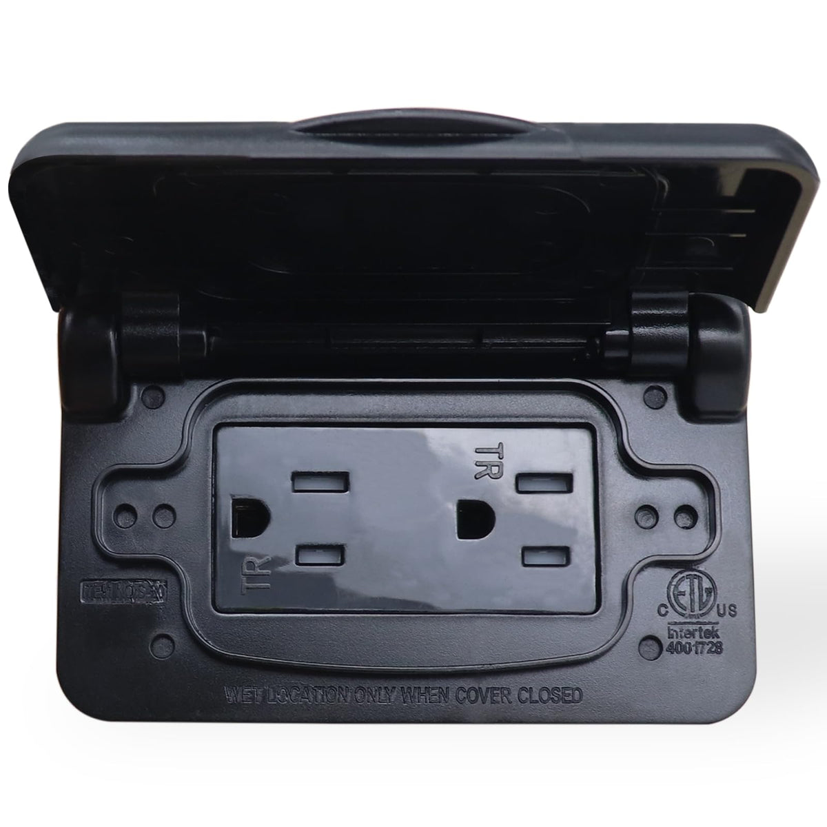 AMOMD front view showing horizontal weatherproof outlet and neat cover for outdoor protection