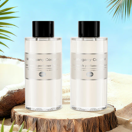Amor Lyris front packaging showing mahogany coconut scent and two refill bottles for long-lasting freshness