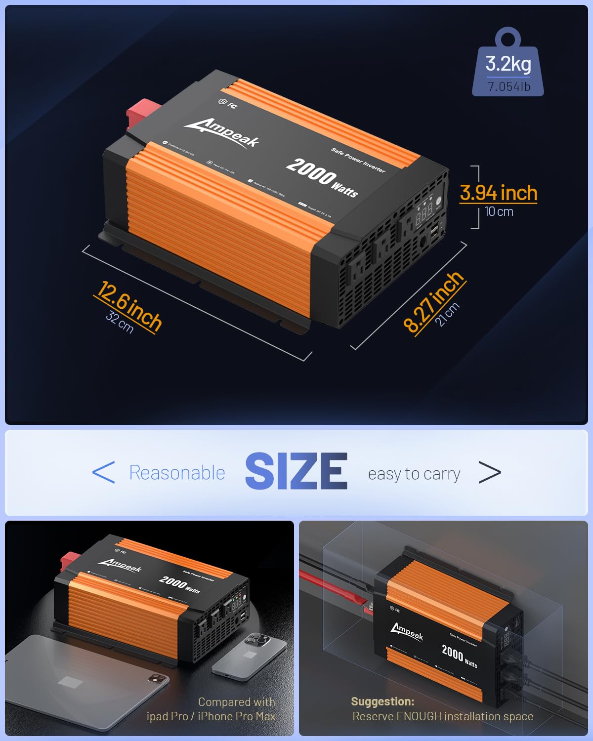 Ampeak inverter held in hand for scale to show compact, truck- and RV-friendly size