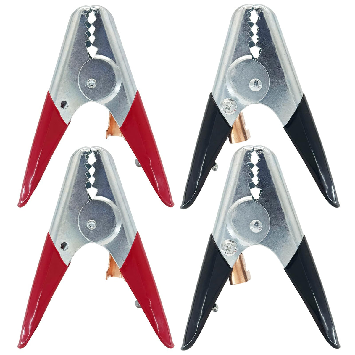 Ampper front view clamps showing heavy-duty build and color coding for clear polarity