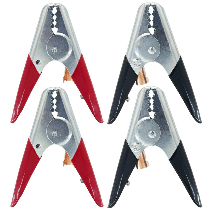 Ampper front view clamps showing heavy-duty build and color coding for clear polarity