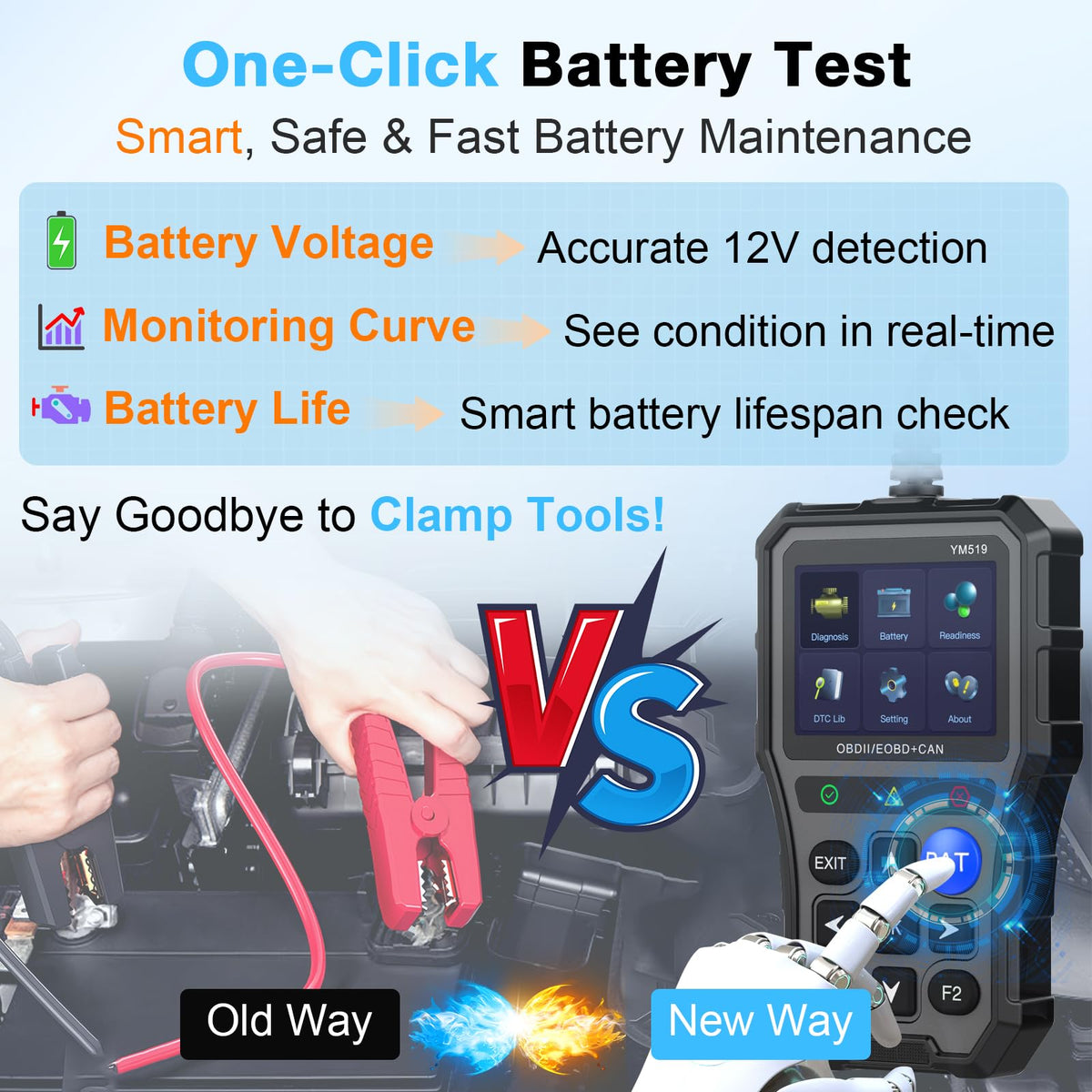 AMTIFO battery tester display showing voltage and health status to prevent no-starts