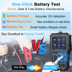 AMTIFO battery tester display showing voltage and health status to prevent no-starts