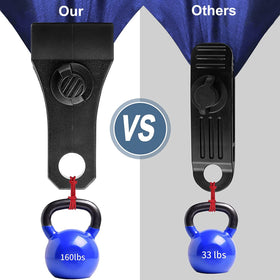 AMURS tarp clips in use on a canopy demonstrating secure weather protection