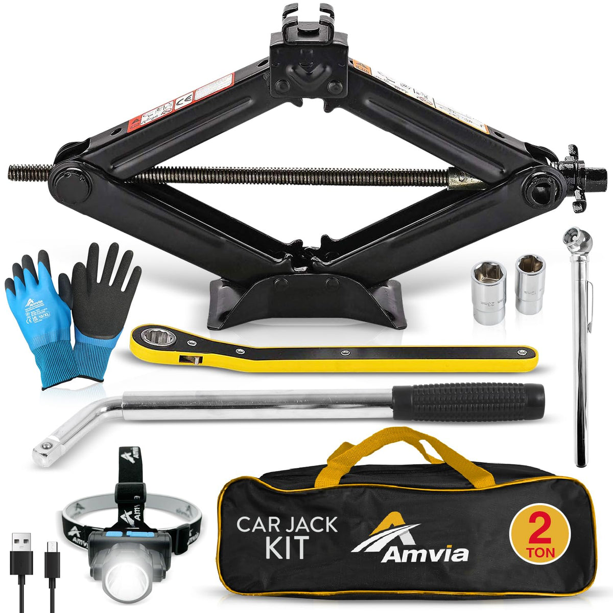 AMVIA car jack kit front view showing organized tools for fast roadside fixes