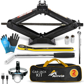 AMVIA car jack kit front view showing organized tools for fast roadside fixes