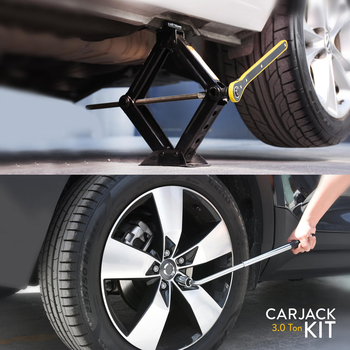 AMVIA telescopic lug wrench angled for leverage and easier lug nut removal