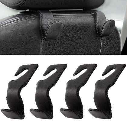 AMVOYOA front view of four black leather headrest hooks showing clean design and durability