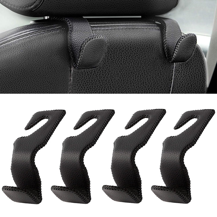 AMVOYOA front view of four black leather headrest hooks showing clean design and durability
