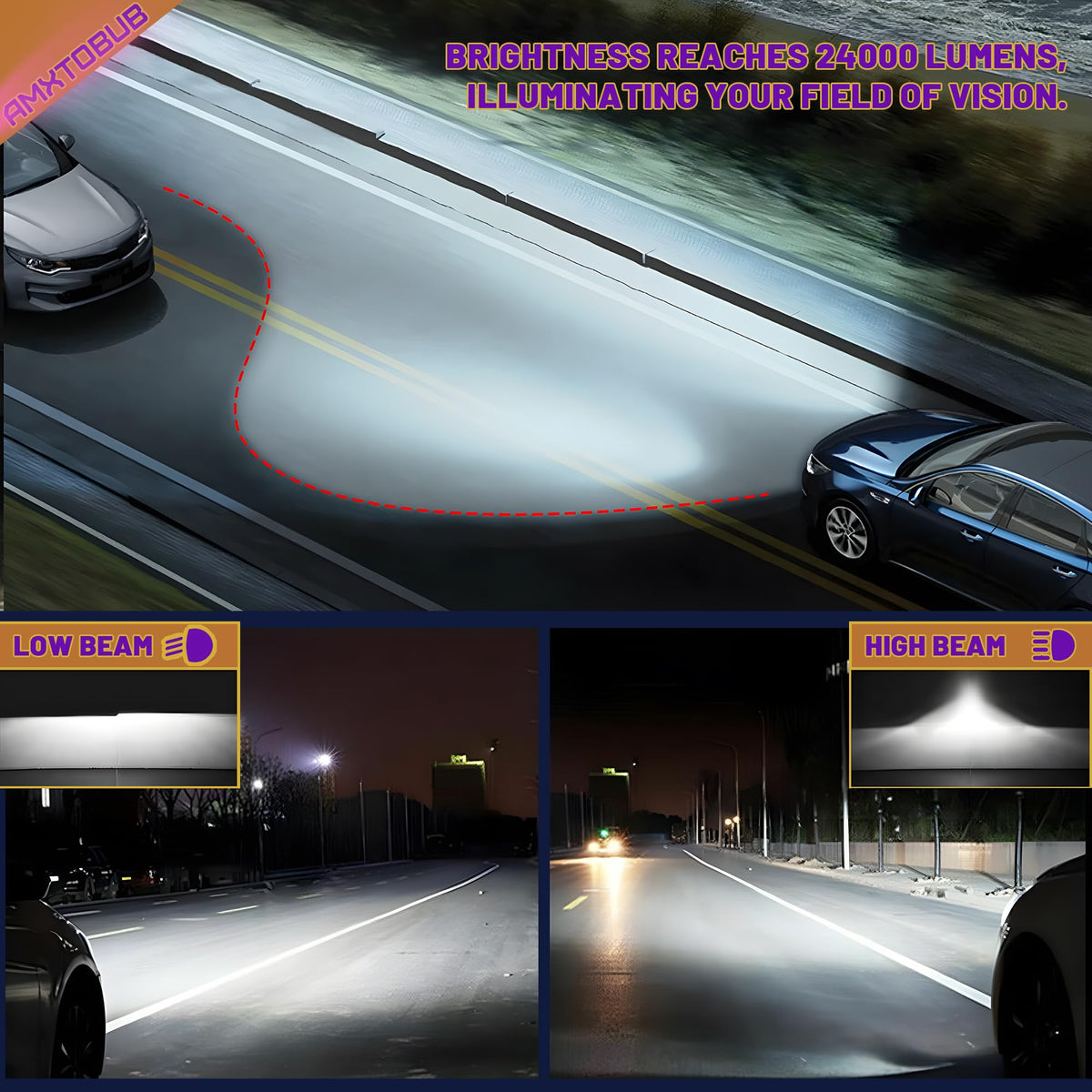 AMXTOBUB fog light beam on a dark road showing clearer visibility benefits