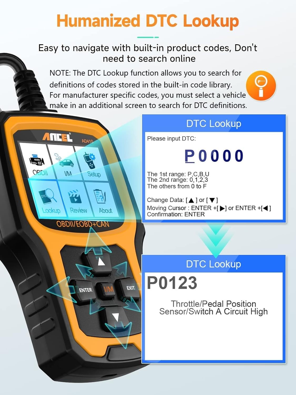 ANCEL AD410 2.4-inch color display detail for clear code definitions