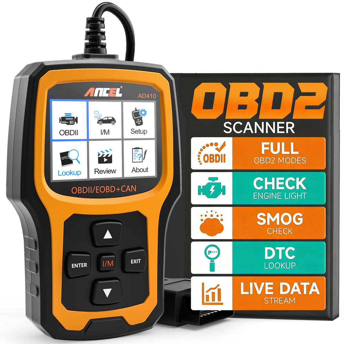 ANCEL AD410 front display showing codes and benefit of quick diagnosis