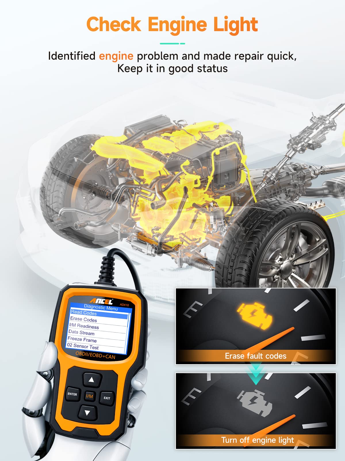 ANCEL AD410 screen displaying live data to monitor engine performance