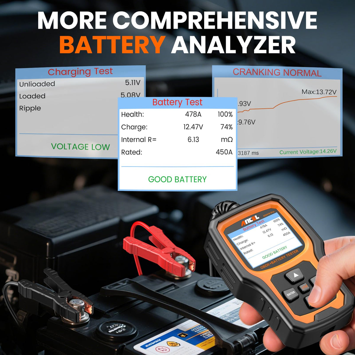 ANCEL AD410 PRO in use under hood helping identify starter or alternator faults