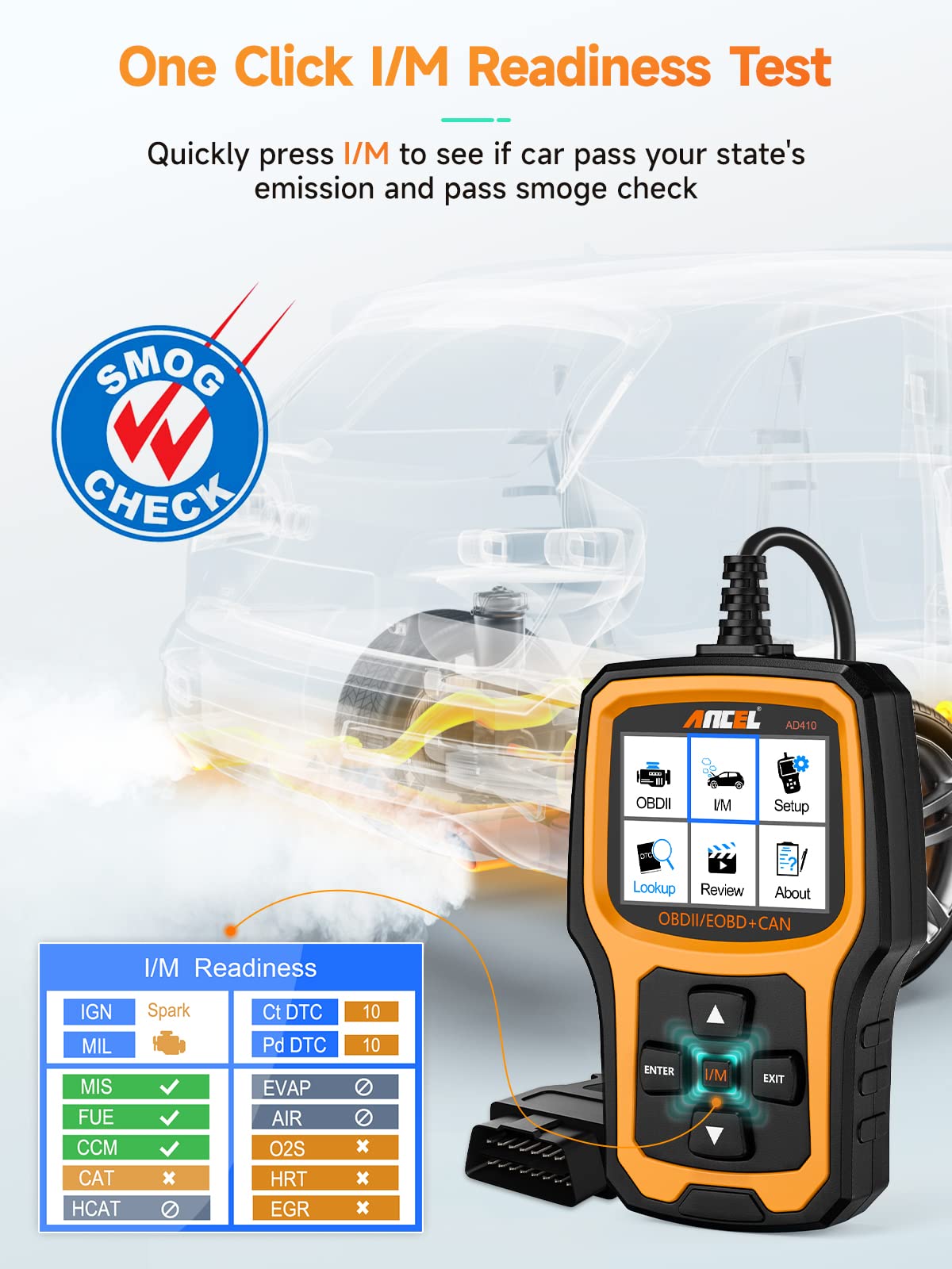 ANCEL AD410 I/M readiness menu view to prepare for smog checks