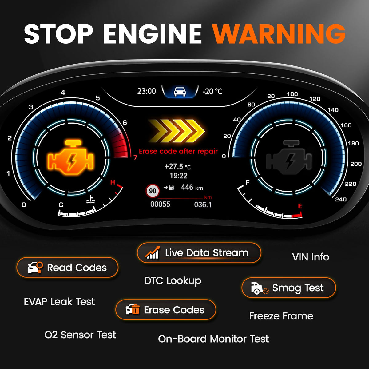ANCEL AD530 PRO battery tester close-up showing clamp connection and clear battery health readout