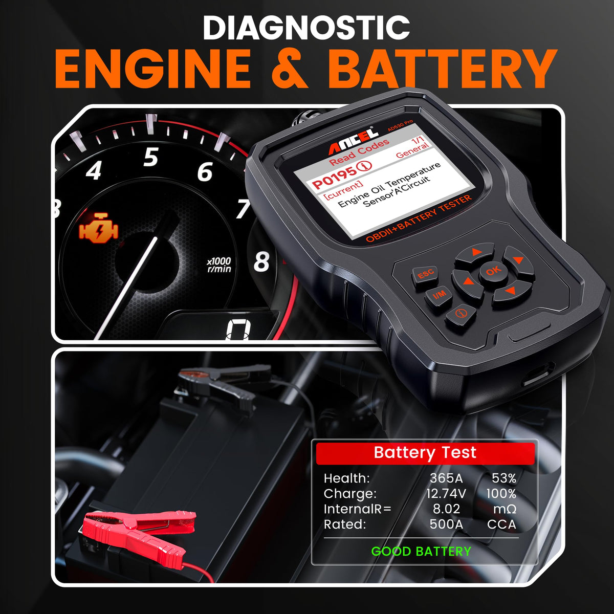 ANCEL AD530 PRO inside glovebox next to keys showing compact size for roadside emergencies