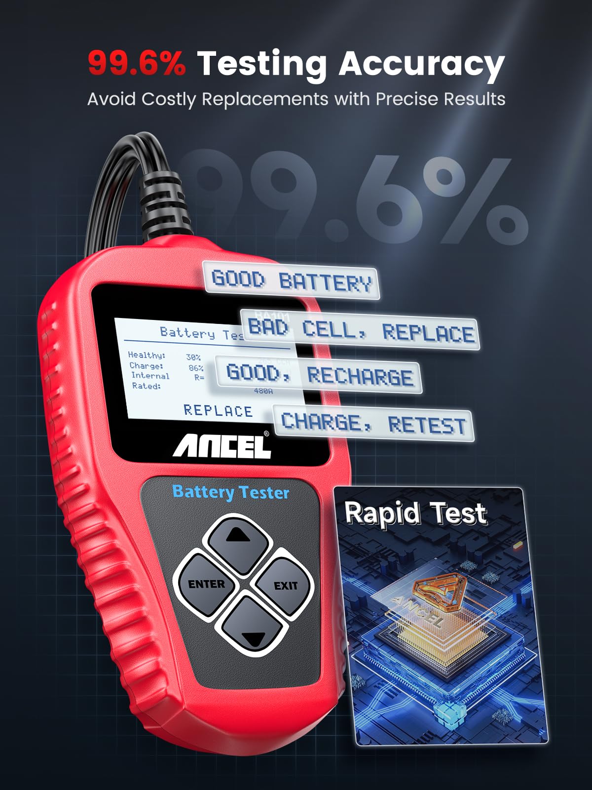ANCEL BA101 testing a car battery to help identify battery health issues