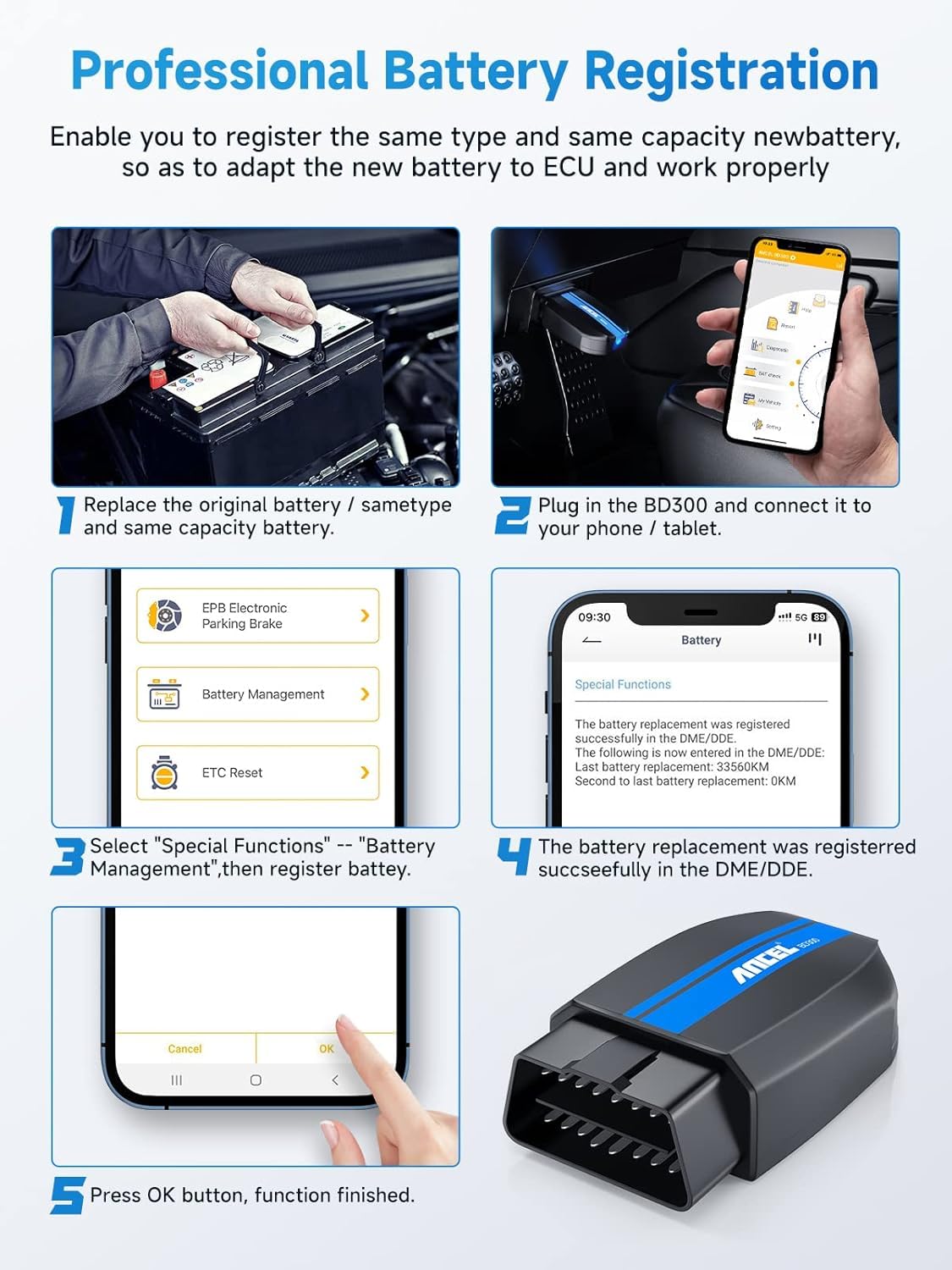ANCEL BD300 plugged into car OBD port demonstrating quick diagnostics