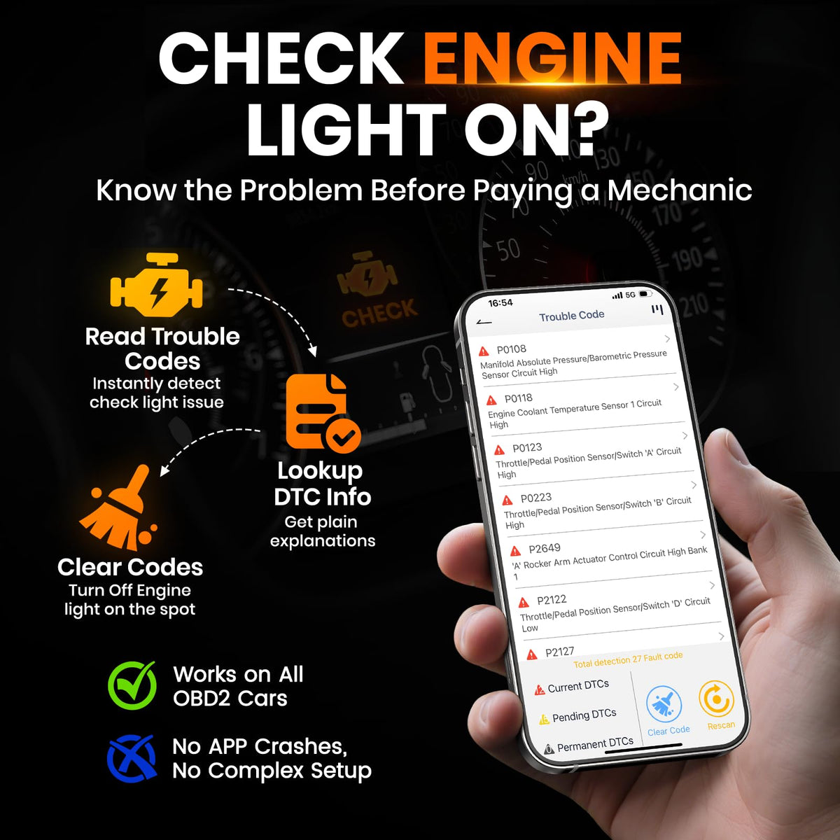ANCEL BD310 plugged into vehicle port with dashboard visible for instant reading